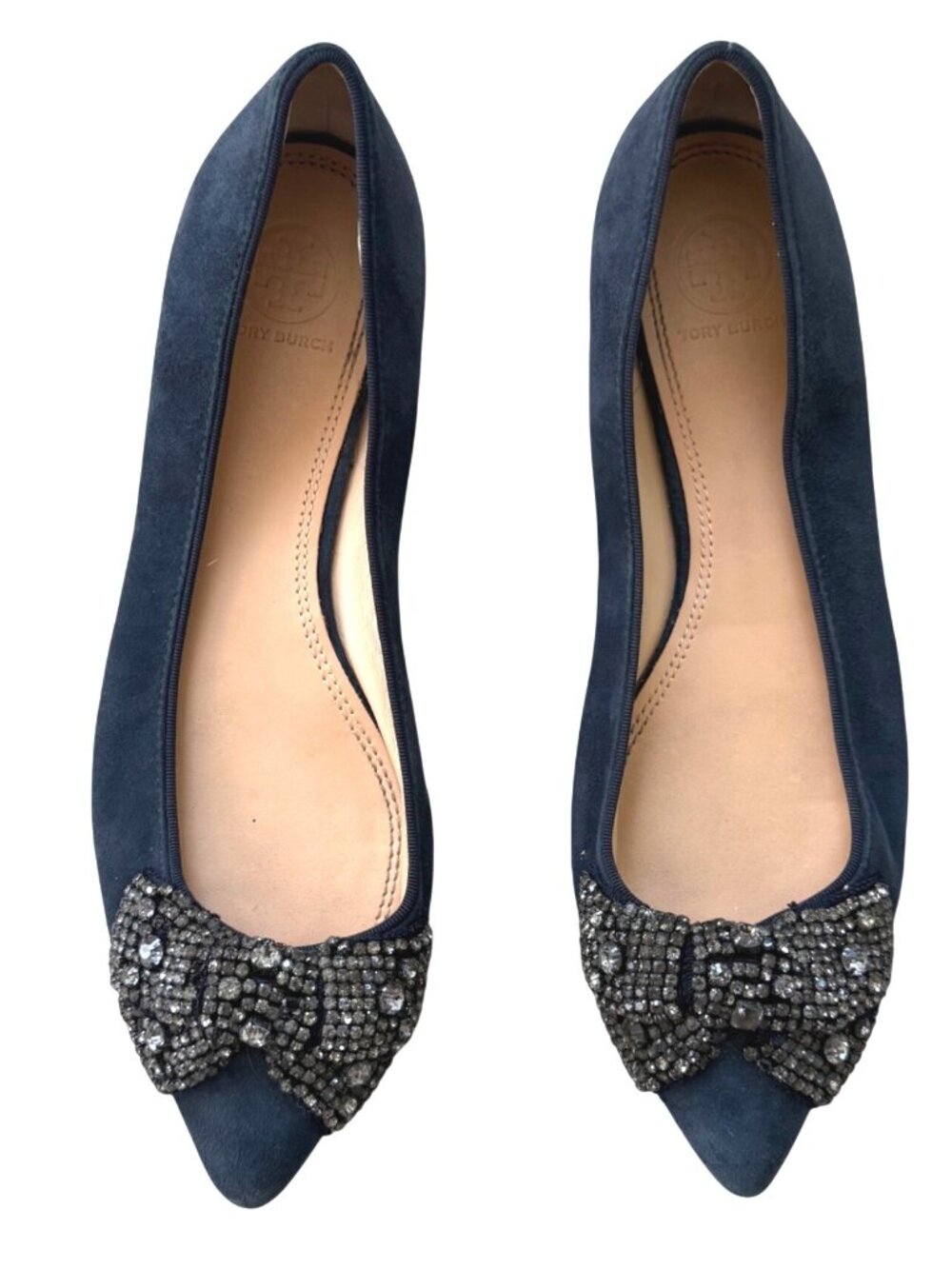 Tory Burch Women's Ballet Flats 8M Vanessa Navy Suede Rhinestone Bow Pointed Toe